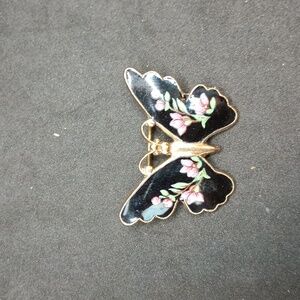 Vintage Black and Gold Butterfly Brooch with Pink Accents